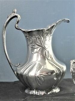 Rare Art Nouveau Silver Plate Water Pitcher And Cup