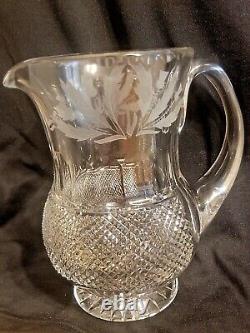 Rare Edenburgh Scotland Thistle 7 Water Jug Pitcher Mint Glass Crystal Signed