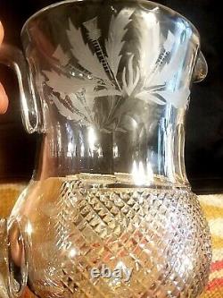 Rare Edenburgh Scotland Thistle 7 Water Jug Pitcher Mint Glass Crystal Signed