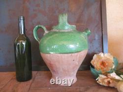 Rare Old French GREEN GLAZEd WATER PITCHER Jug Plongeon Gargoulette Pottery P