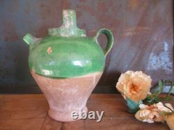 Rare Old French GREEN GLAZEd WATER PITCHER Jug Plongeon Gargoulette Pottery P