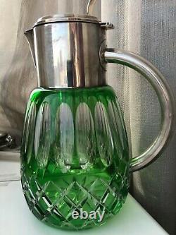 SAINT LOUIS Huge Water Jug Pitcher Green Cut Crystal & SilverPlate Art Deco
