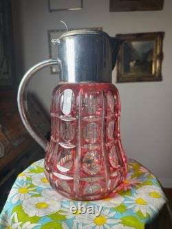 SAINT ST LOUIS Huge Water Jug Pitcher RUBY Cut Crystal Silver Plate Antique 19TH