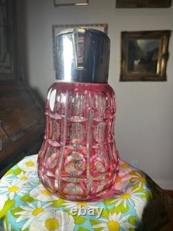 SAINT ST LOUIS Huge Water Jug Pitcher RUBY Cut Crystal Silver Plate Antique 19TH