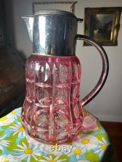 SAINT ST LOUIS Huge Water Jug Pitcher RUBY Cut Crystal Silver Plate Antique 19TH