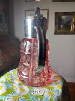 SAINT ST LOUIS Huge Water Jug Pitcher RUBY Cut Crystal Silver Plate Antique 19TH