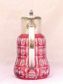 SAINT ST LOUIS Huge Water Jug Pitcher RUBY Cut Crystal Silver Plate Antique 19TH