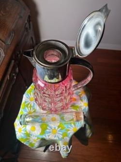 SAINT ST LOUIS Huge Water Jug Pitcher RUBY Cut Crystal Silver Plate Antique 19TH