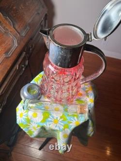 SAINT ST LOUIS Huge Water Jug Pitcher RUBY Cut Crystal Silver Plate Antique 19TH