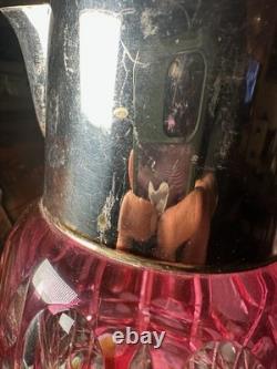 SAINT ST LOUIS Huge Water Jug Pitcher RUBY Cut Crystal Silver Plate Antique 19TH