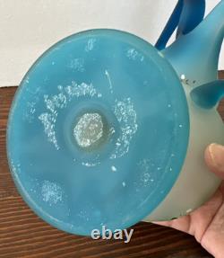 SET Vintage Enameled Blue Satin Glass Compote Pitcher Jug Ewer Flowers Persian