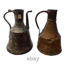 Set Of 2 Vtg Primitive Hand Hammered Copper Water Jug Pitchers 12 Ewer W Handle