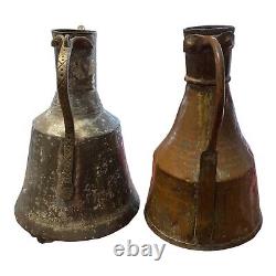 Set Of 2 Vtg Primitive Hand Hammered Copper Water Jug Pitchers 12 Ewer W Handle