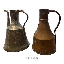 Set Of 2 Vtg Primitive Hand Hammered Copper Water Jug Pitchers 12 Ewer W Handle