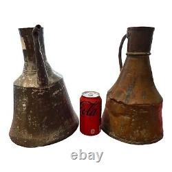 Set Of 2 Vtg Primitive Hand Hammered Copper Water Jug Pitchers 12 Ewer W Handle