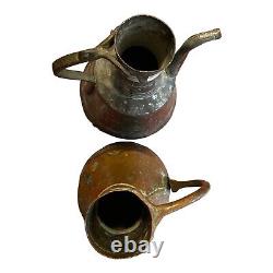 Set Of 2 Vtg Primitive Hand Hammered Copper Water Jug Pitchers 12 Ewer W Handle