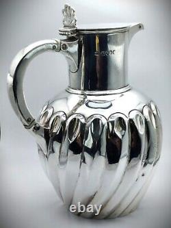 Silver Fluted Water Jug Ewer With Hinged Cover London 1889 William Hutton & Sons