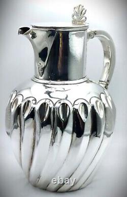 Silver Fluted Water Jug Ewer With Hinged Cover London 1889 William Hutton & Sons