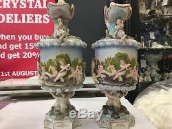 Sitzendorf Pair Antique Water Jugs Ewers Cherub Rare Large Meissen Pitcher