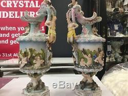 Sitzendorf Pair Antique Water Jugs Ewers Cherub Rare Large Meissen Pitcher