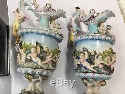 Sitzendorf Pair Antique Water Jugs Ewers Cherub Rare Large Meissen Pitcher