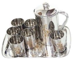 Stainless Steel Pitcher Water Jug with Set of 6 Glass, 1 Tray