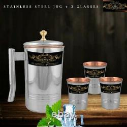 Steel Copper Jug 1500ML Water Pitcher Jar With Glass 300ML Set Of 4Pcs Free Ship