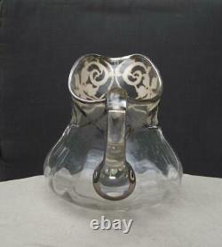 Sterling Silver Overlay Glass Water Pitcher Hand Blown 6H MINT