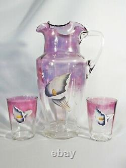 Superb Antique Victorian Large 3pc Water Set Glasses Pitcher Jug Calla Lily Pink