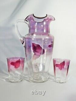 Superb Antique Victorian Large 3pc Water Set Glasses Pitcher Jug Calla Lily Pink