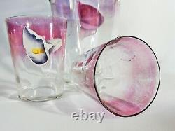 Superb Antique Victorian Large 3pc Water Set Glasses Pitcher Jug Calla Lily Pink