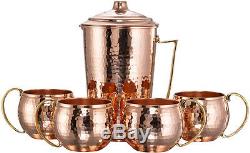 THICKEST Solid Hammered Copper Water Moscow Mule Pitcher Jug Mug Cup Set, 2200Gr