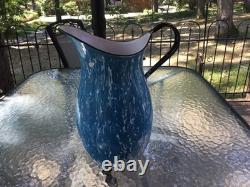 Tall 13 3/4in Blue & White Swirl Water Pitcher Enamel Ware