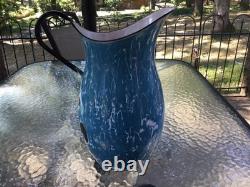 Tall 13 3/4in Blue & White Swirl Water Pitcher Enamel Ware