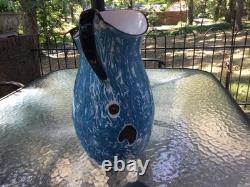 Tall 13 3/4in Blue & White Swirl Water Pitcher Enamel Ware