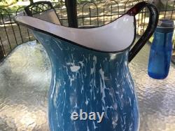 Tall 13 3/4in Blue & White Swirl Water Pitcher Enamel Ware