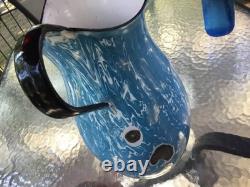 Tall 13 3/4in Blue & White Swirl Water Pitcher Enamel Ware