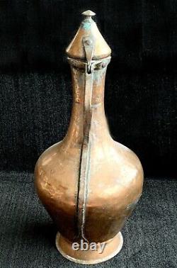Turkish Copper Water Pitcher Jug with lid Large, Antique, Handcrafted 21 tall