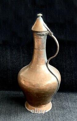 Turkish Copper Water Pitcher Jug with lid Large, Antique, Handcrafted 21 tall