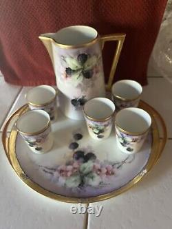 VERY RARE ANTIQUE LIMOGE WATER PITCHER, TRAY & 5 Hand Painted Cups