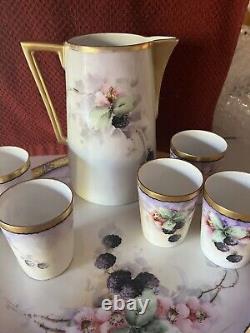 VERY RARE ANTIQUE LIMOGE WATER PITCHER, TRAY & 5 Hand Painted Cups