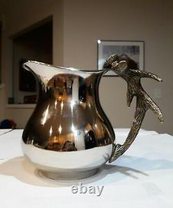VINTAGE Silver Water Pitcher with brass antler handle 9 x 5 x 7 VERY RARE
