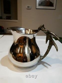 VINTAGE Silver Water Pitcher with brass antler handle 9 x 5 x 7 VERY RARE