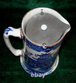 VTG Burleigh Ware Blue Willow 7T Pint Jug Pitcher Hot Water Pewter Lid, England