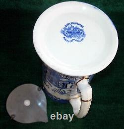 VTG Burleigh Ware Blue Willow 7T Pint Jug Pitcher Hot Water Pewter Lid, England