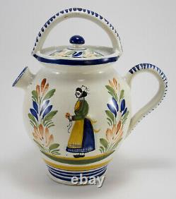 VTG Henriot Quimper Faience Large Water Jug Wine Pitcher Breton Woman with Lid