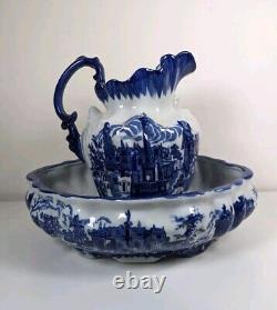 Victoria Ware Ironstone Flow Blue Basin Wash Bowl & Ewer Water Pitcher Jug Set