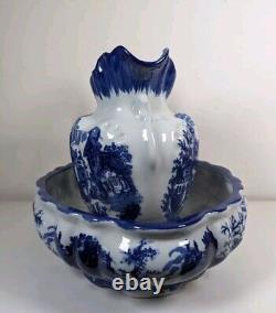 Victoria Ware Ironstone Flow Blue Basin Wash Bowl & Ewer Water Pitcher Jug Set