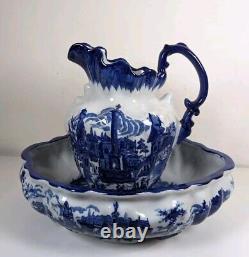 Victoria Ware Ironstone Flow Blue Basin Wash Bowl & Ewer Water Pitcher Jug Set