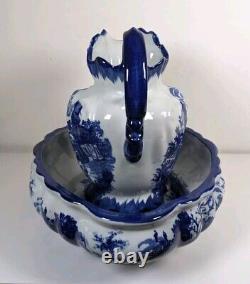 Victoria Ware Ironstone Flow Blue Basin Wash Bowl & Ewer Water Pitcher Jug Set